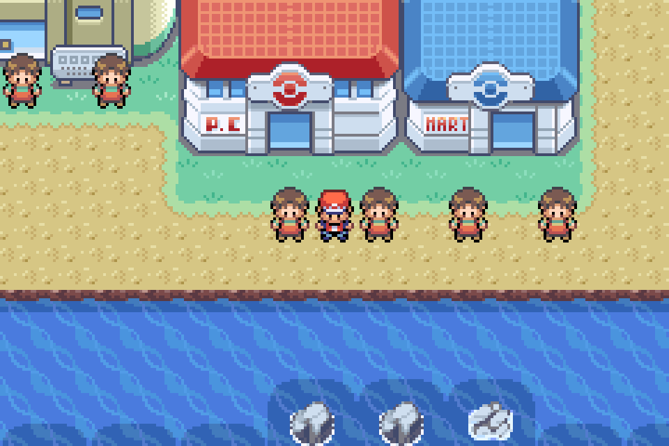 Real in-game mGBA capture of Frontier Hub in Pokémon Definitive Build 10.68.1