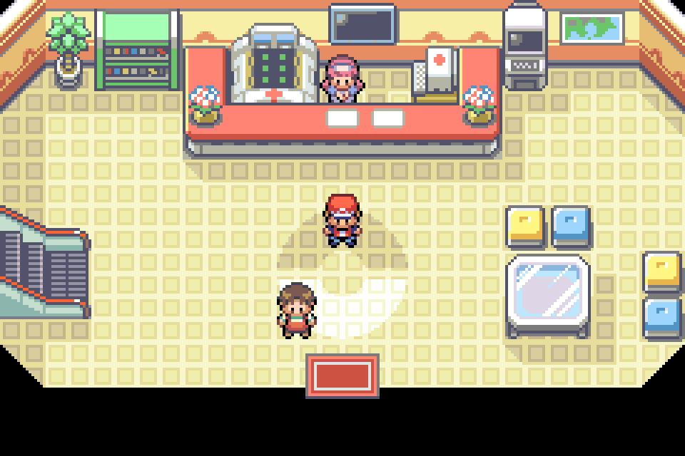 Real in-game mGBA capture of Pastoria Center in Pokémon Definitive Build 10.73.1