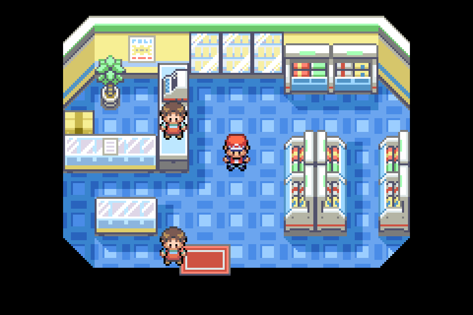Real in-game mGBA capture of Pastoria Mart in Pokémon Definitive Build 10.73.1